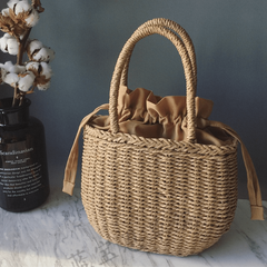 Summer Straw Woven Handbag Boho Style Drawstring Basket Travel Beach Bag