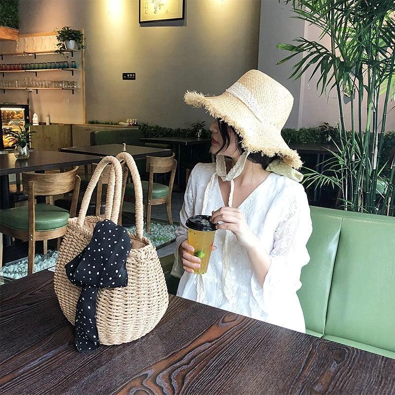 Summer Straw Woven Handbag Boho Style Drawstring Basket Travel Beach Bag