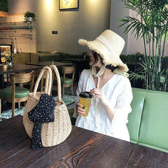 Summer Straw Woven Handbag Boho Style Drawstring Basket Travel Beach Bag