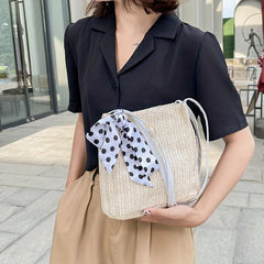 Straw Handbag Polka Dot Bow Scarf Decor Shoulder Bag