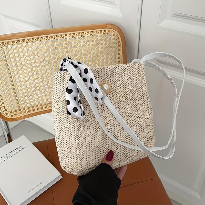 Straw Handbag Polka Dot Bow Scarf Decor Shoulder Bag