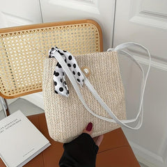 Straw Handbag Polka Dot Bow Scarf Decor Shoulder Bag