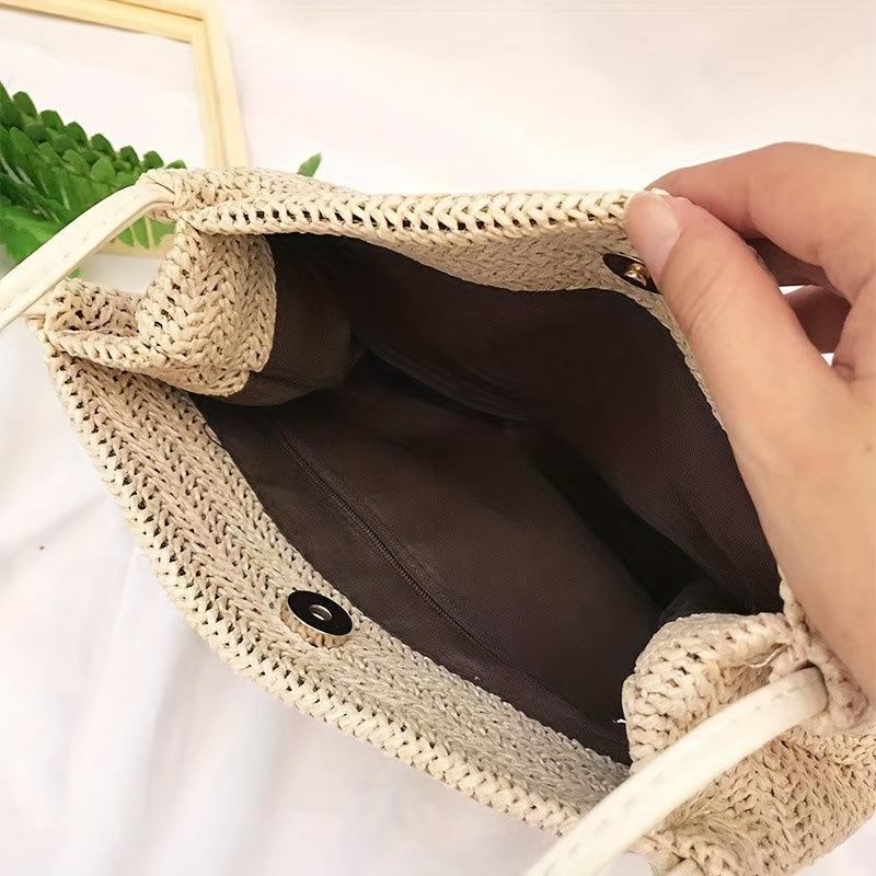 Straw Handbag Polka Dot Bow Scarf Decor Shoulder Bag