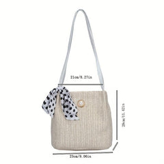 Straw Handbag Polka Dot Bow Scarf Decor Shoulder Bag