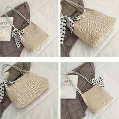 Straw Handbag Polka Dot Bow Scarf Decor Shoulder Bag