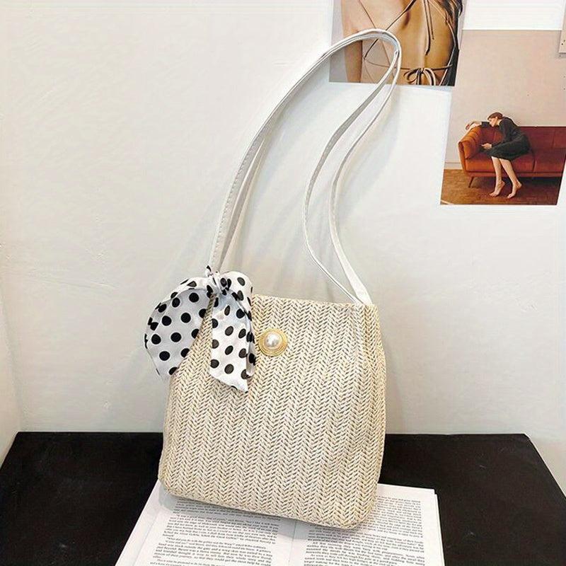Straw Handbag Polka Dot Bow Scarf Decor Shoulder Bag