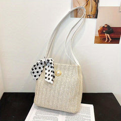Straw Handbag Polka Dot Bow Scarf Decor Shoulder Bag