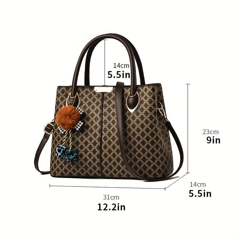 Retro Printed Large Capacity Tote Bag PU Leather Textured Shoulder Satchel Bag