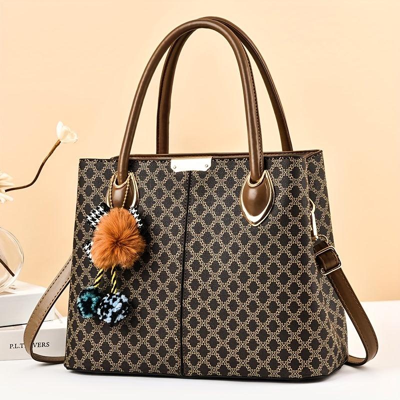 Retro Printed Large Capacity Tote Bag PU Leather Textured Shoulder Satchel Bag