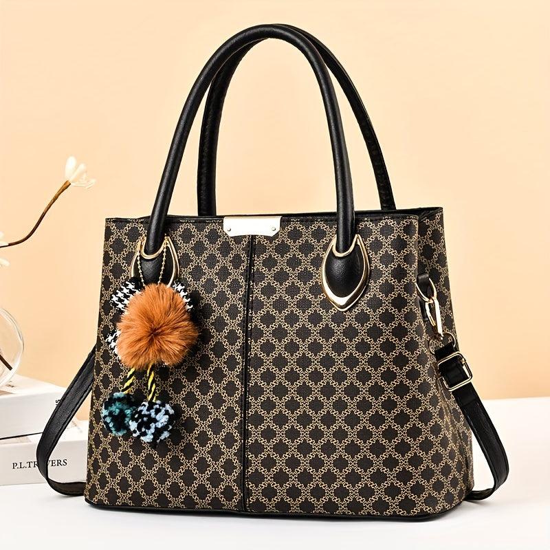 Retro Printed Large Capacity Tote Bag PU Leather Textured Shoulder Satchel Bag