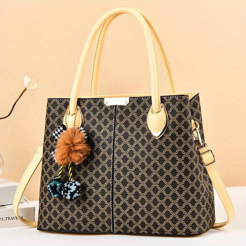 Retro Printed Large Capacity Tote Bag PU Leather Textured Shoulder Satchel Bag