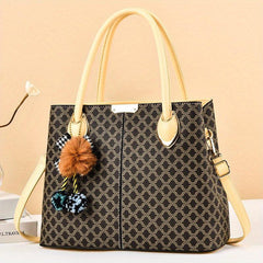 Retro Printed Large Capacity Tote Bag PU Leather Textured Shoulder Satchel Bag