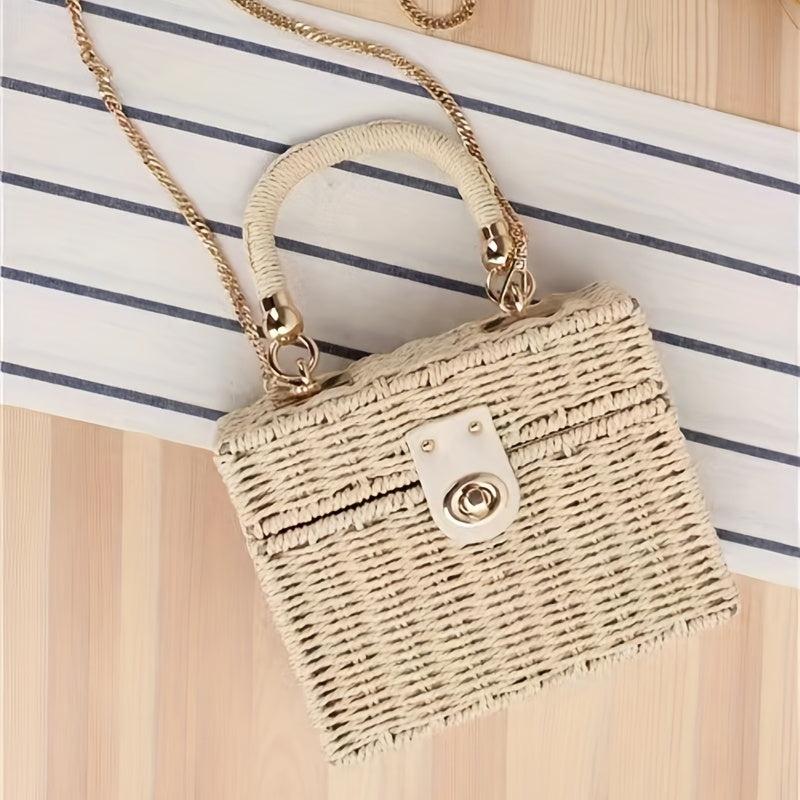 Straw Woven Handheld Crossbody Square Bag Decorative Shoulder Bag