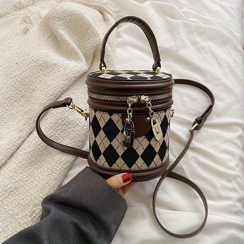Argyle Print Zipper Bucket Bag PU Leather Crossbody Bag
