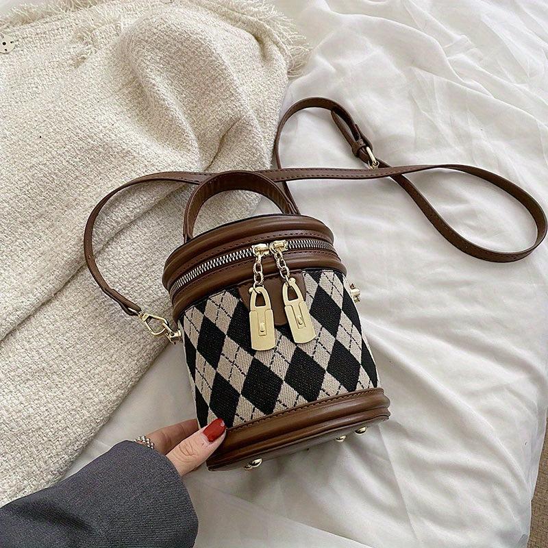 Argyle Print Zipper Bucket Bag PU Leather Crossbody Bag