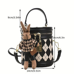 Argyle Print Zipper Bucket Bag PU Leather Crossbody Bag