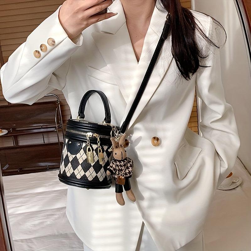 Argyle Print Zipper Bucket Bag PU Leather Crossbody Bag