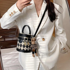 Argyle Print Zipper Bucket Bag PU Leather Crossbody Bag