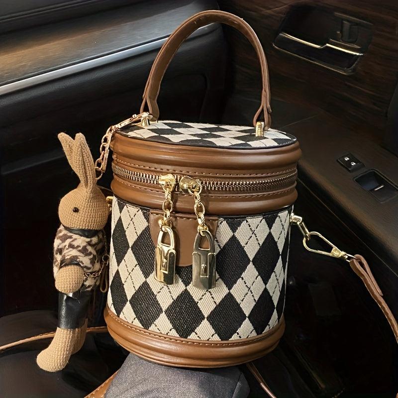 Argyle Print Zipper Bucket Bag PU Leather Crossbody Bag