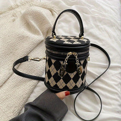 Argyle Print Zipper Bucket Bag PU Leather Crossbody Bag