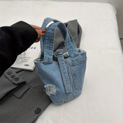 Denim Canvas Bucket Bag Retro Style Handbag Portable Storage Bag