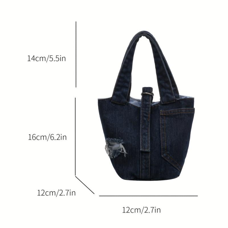 Denim Canvas Bucket Bag Retro Style Handbag Portable Storage Bag