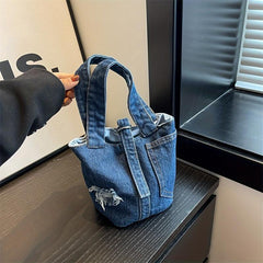 Denim Canvas Bucket Bag Retro Style Handbag Portable Storage Bag