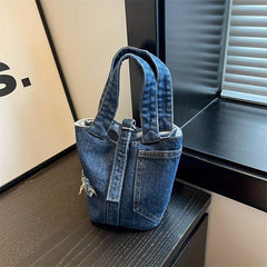 Denim Canvas Bucket Bag Retro Style Handbag Portable Storage Bag