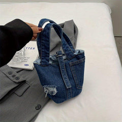Denim Canvas Bucket Bag Retro Style Handbag Portable Storage Bag