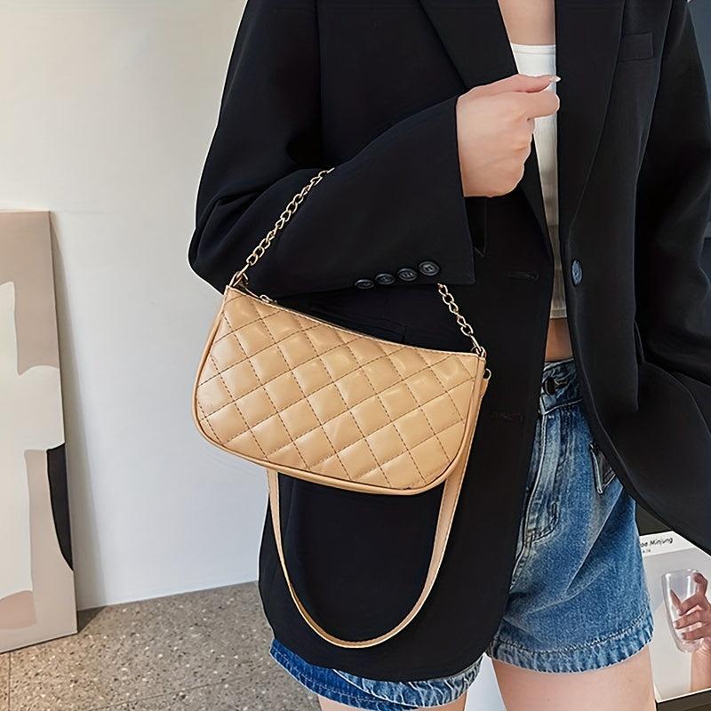 Argyle Quilted Shoulder Bag Metal Chain Detail Underarm HandBag