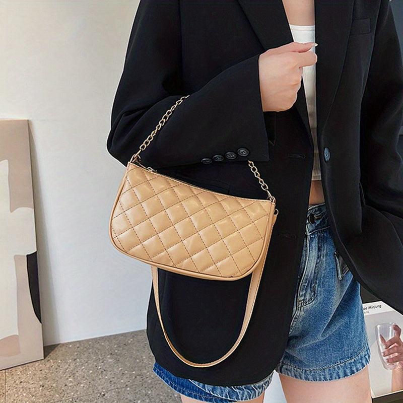 Argyle Quilted Shoulder Bag Metal Chain Detail Underarm HandBag