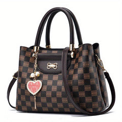 Grid Printed Handbag With Pendant Top Handle Crossbody Bag Women Tote Bag