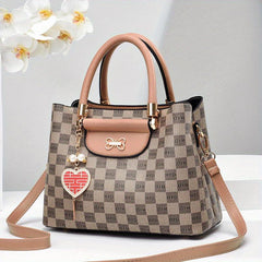 Grid Printed Handbag With Pendant Top Handle Crossbody Bag Women Tote Bag