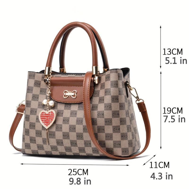 Grid Printed Handbag With Pendant Top Handle Crossbody Bag Women Tote Bag