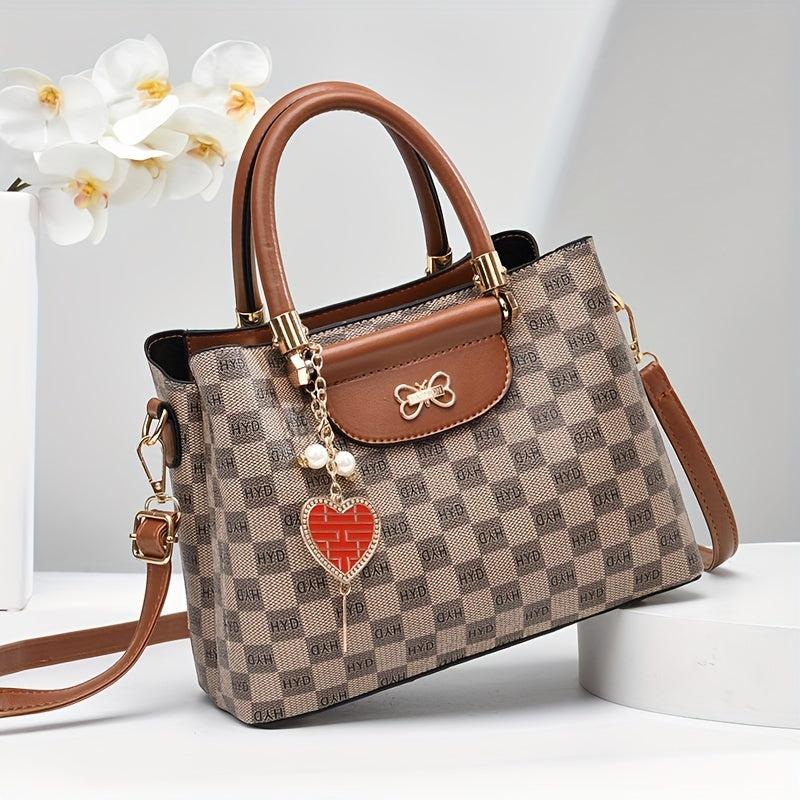 Grid Printed Handbag With Pendant Top Handle Crossbody Bag Women Tote Bag