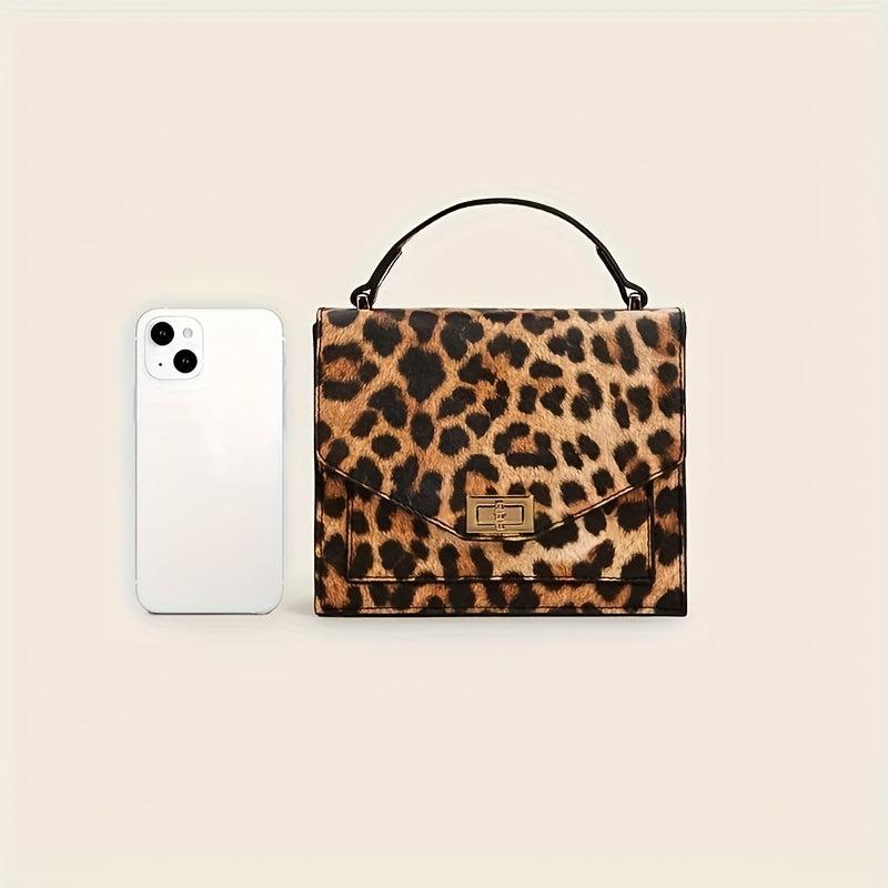 Leopard Print Handbag Vintage Square Clutch Purse Women's PU Leather Satchel Bag