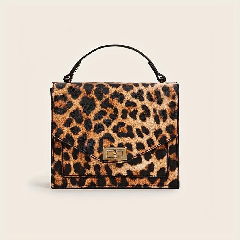 Leopard Print Handbag Vintage Square Clutch Purse Women's PU Leather Satchel Bag