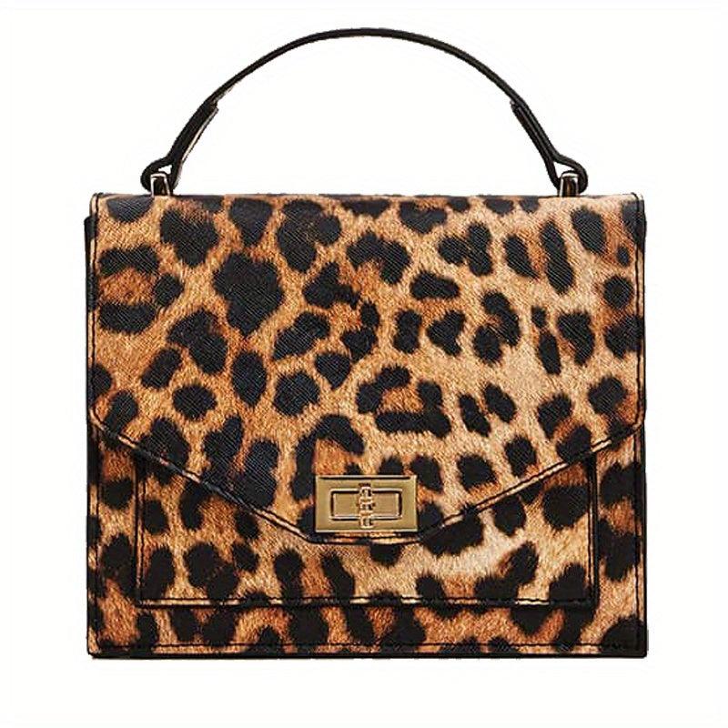 Leopard Print Handbag Vintage Square Clutch Purse Women's PU Leather Satchel Bag