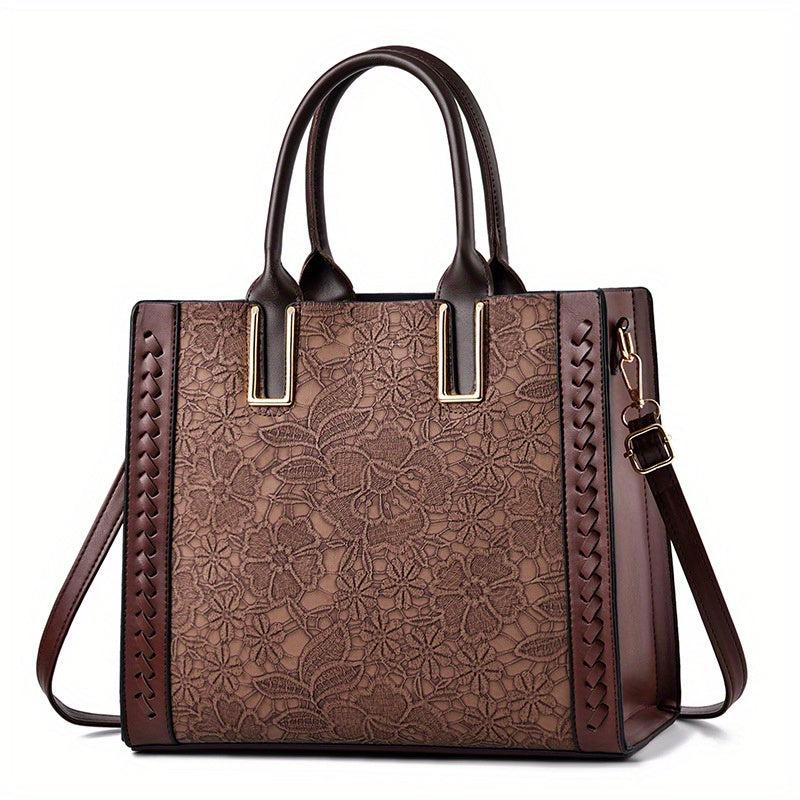 Floral Embossed Tote Bag Zipper Crossbody Bag