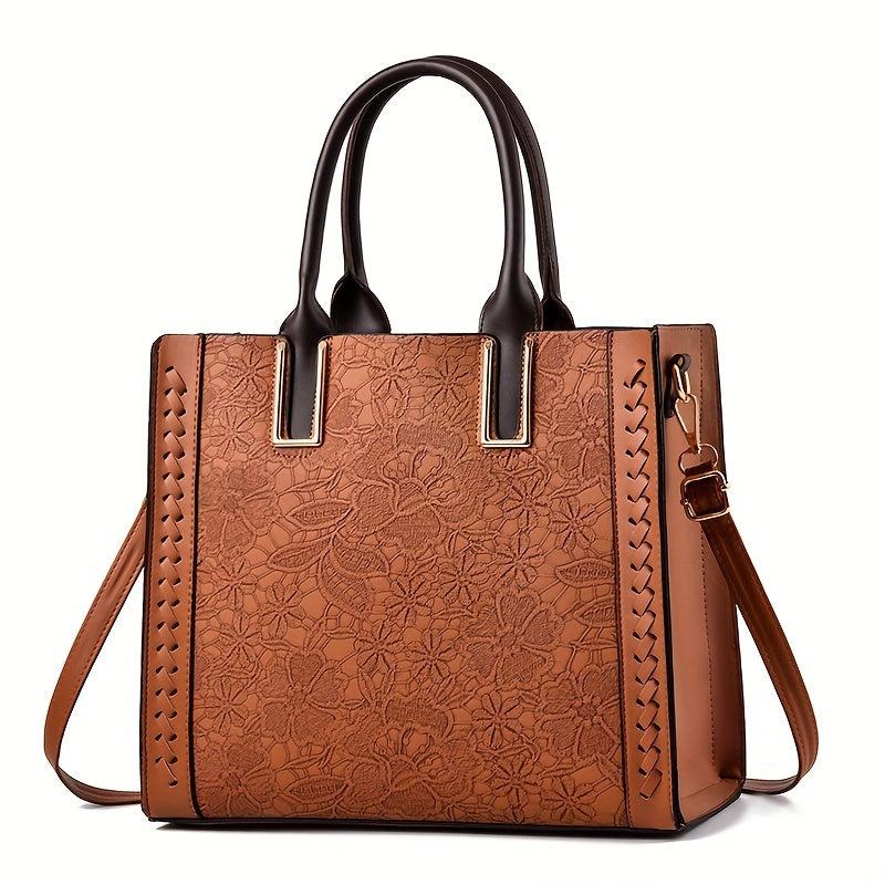 Floral Embossed Tote Bag Zipper Crossbody Bag
