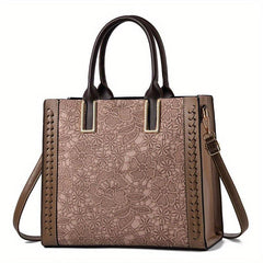 Floral Embossed Tote Bag Zipper Crossbody Bag