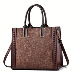 Floral Embossed Tote Bag Zipper Crossbody Bag