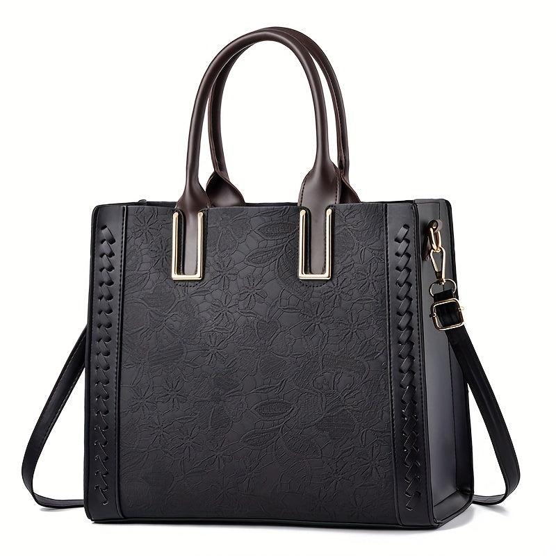 Floral Embossed Tote Bag Zipper Crossbody Bag
