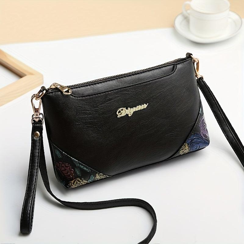 Vintage Flower Embossed Shoulder Bag Classic Zipper Purse
