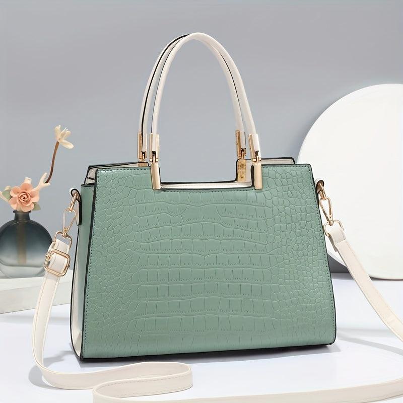 Vintage Croc Embossed Shoulder Bag Top Handle Satchel Purse Handbag Tote
