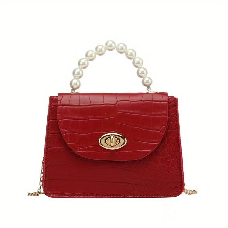 Crocodile Embossed Square Bag Turn Lock Satchel