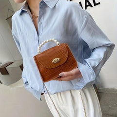 Crocodile Embossed Square Bag Turn Lock Satchel