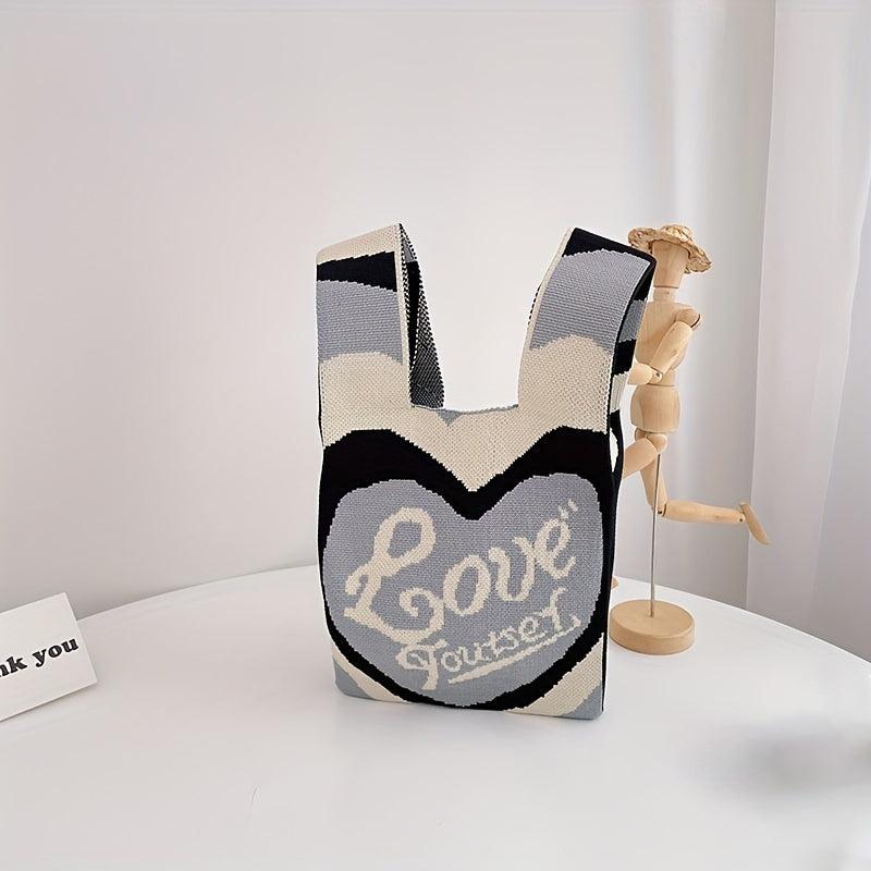 Love Pattern Colorblock Knitted Bag Lightweight Crochet Storage Bag