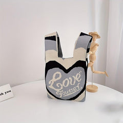 Love Pattern Colorblock Knitted Bag Lightweight Crochet Storage Bag