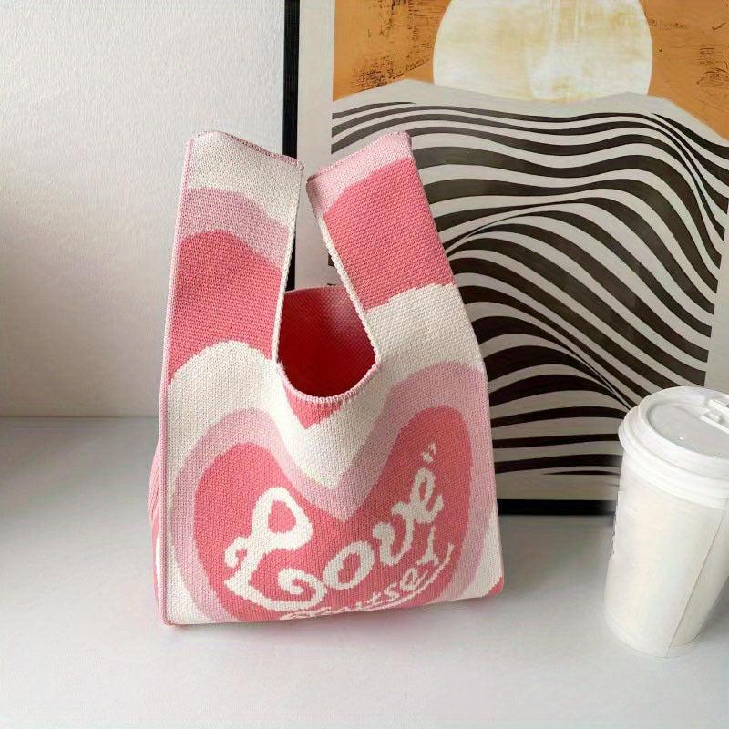 Love Pattern Colorblock Knitted Bag Lightweight Crochet Storage Bag